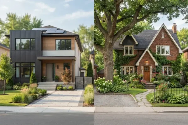 Comparison of a modern new construction home and a charming existing home surrounded by trees