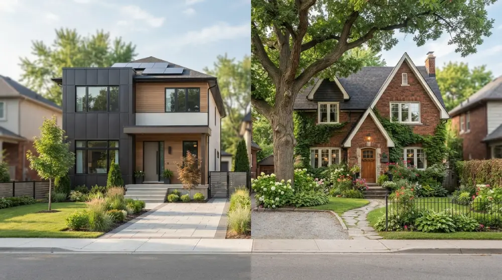 Comparison of a modern new construction home and a charming existing home surrounded by trees