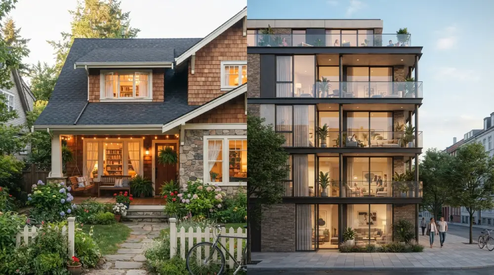 Split image comparing a house exterior and an apartment building representing the choice between buying and renting a home