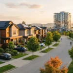 Modern neighborhood with suburban homes, solar panels, and a city skyline showing real estate market trends