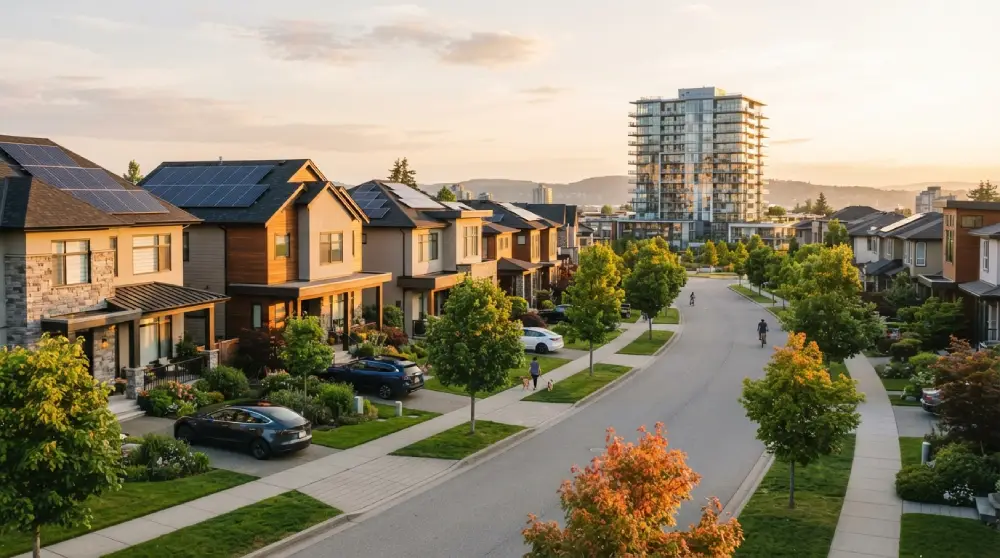 Modern neighborhood with suburban homes, solar panels, and a city skyline showing real estate market trends