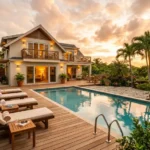Vacation rental home with a private pool and outdoor lounge area surrounded by palm trees