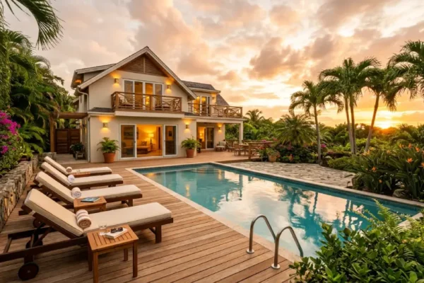 Vacation rental home with a private pool and outdoor lounge area surrounded by palm trees