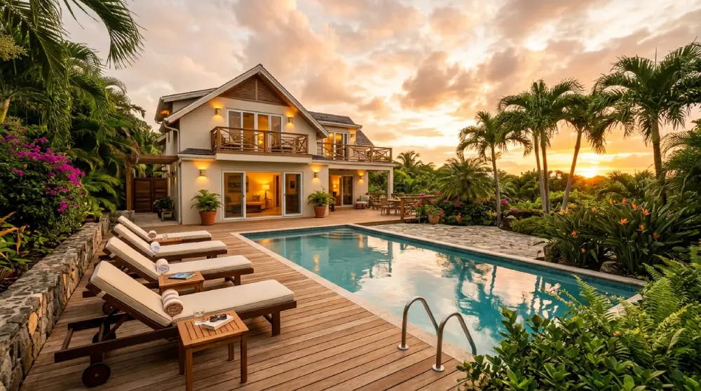 Vacation rental home with a private pool and outdoor lounge area surrounded by palm trees
