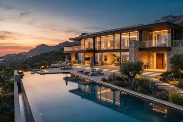 Elegant luxury home exterior with modern architecture, landscaped grounds, and pool at sunset