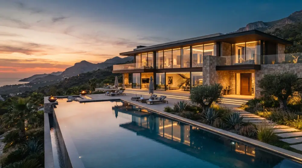 Elegant luxury home exterior with modern architecture, landscaped grounds, and pool at sunset