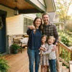 Relieved family standing on the porch of their home at sunrise, holding house keys after learning how to avoid foreclosure