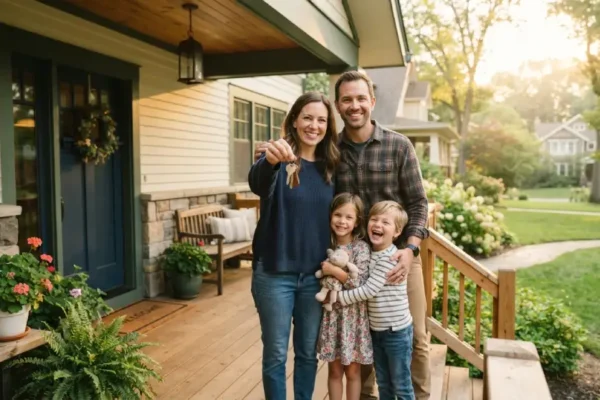 Relieved family standing on the porch of their home at sunrise, holding house keys after learning how to avoid foreclosure