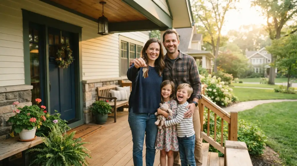 Relieved family standing on the porch of their home at sunrise, holding house keys after learning how to avoid foreclosure