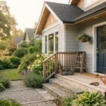 Well kept suburban home with a toolbox, ladder, and gardening tools on the porch, representing a home maintenance checklist