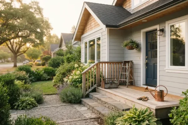 Well kept suburban home with a toolbox, ladder, and gardening tools on the porch, representing a home maintenance checklist