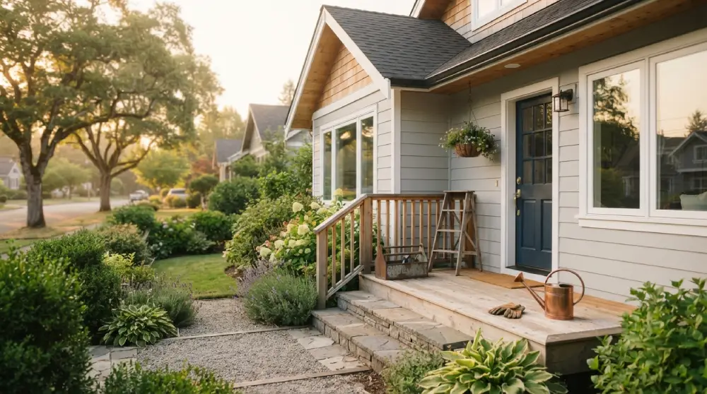 Well kept suburban home with a toolbox, ladder, and gardening tools on the porch, representing a home maintenance checklist