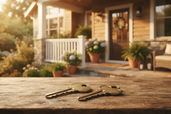 Two house keys on a wooden table in front of a modern home, representing the choice between a HELOC and a home equity loan