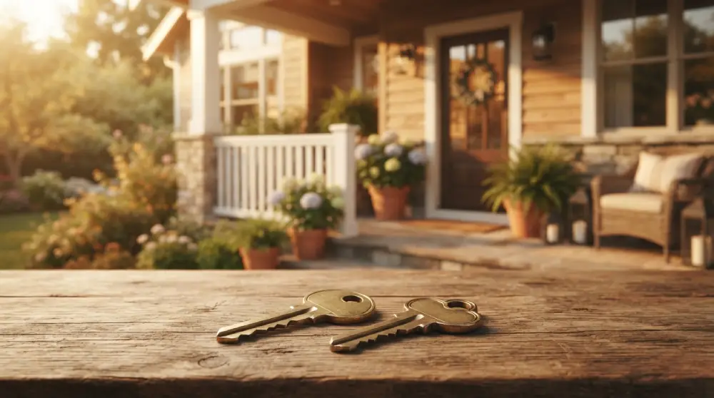 Two house keys on a wooden table in front of a modern home, representing the choice between a HELOC and a home equity loan