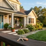 Suburban home with a freshly painted front door and house keys on the porch railing at sunset, representing a foreclosure buying guide