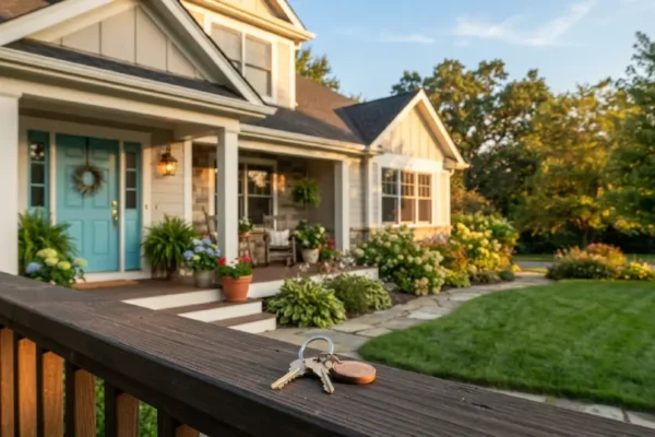 Suburban home with a freshly painted front door and house keys on the porch railing at sunset, representing a foreclosure buying guide