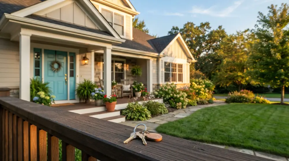 Suburban home with a freshly painted front door and house keys on the porch railing at sunset, representing a foreclosure buying guide