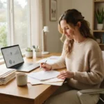 Homeowner reviewing mortgage refinancing paperwork at a desk with a laptop and small house model
