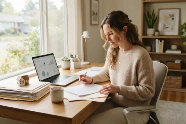Homeowner reviewing mortgage refinancing paperwork at a desk with a laptop and small house model