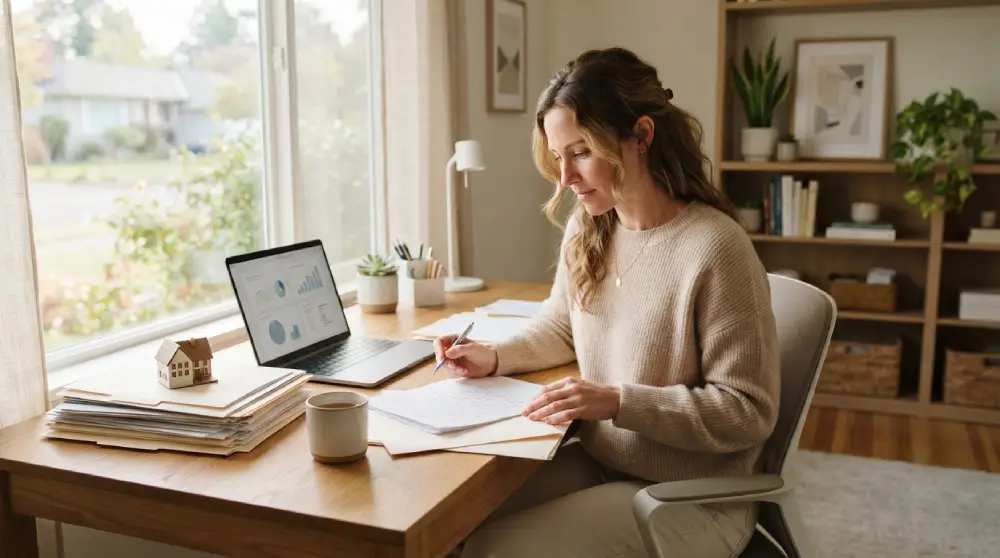 Homeowner reviewing mortgage refinancing paperwork at a desk with a laptop and small house model