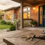 Modern family home with a front porch and house keys on a wooden table, representing common real estate questions