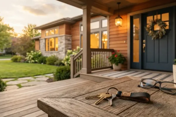 Modern family home with a front porch and house keys on a wooden table, representing common real estate questions