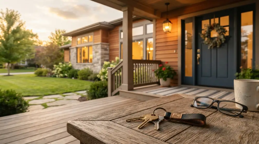 Modern family home with a front porch and house keys on a wooden table, representing common real estate questions